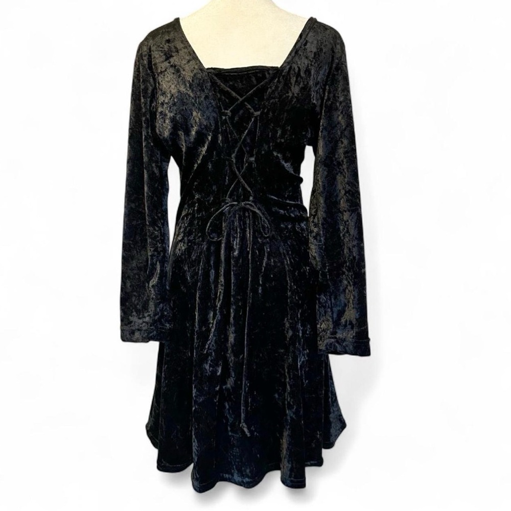 Vintage City Triangles Black Velvet Lace-Up Back Dress Goth Grunge 90’s